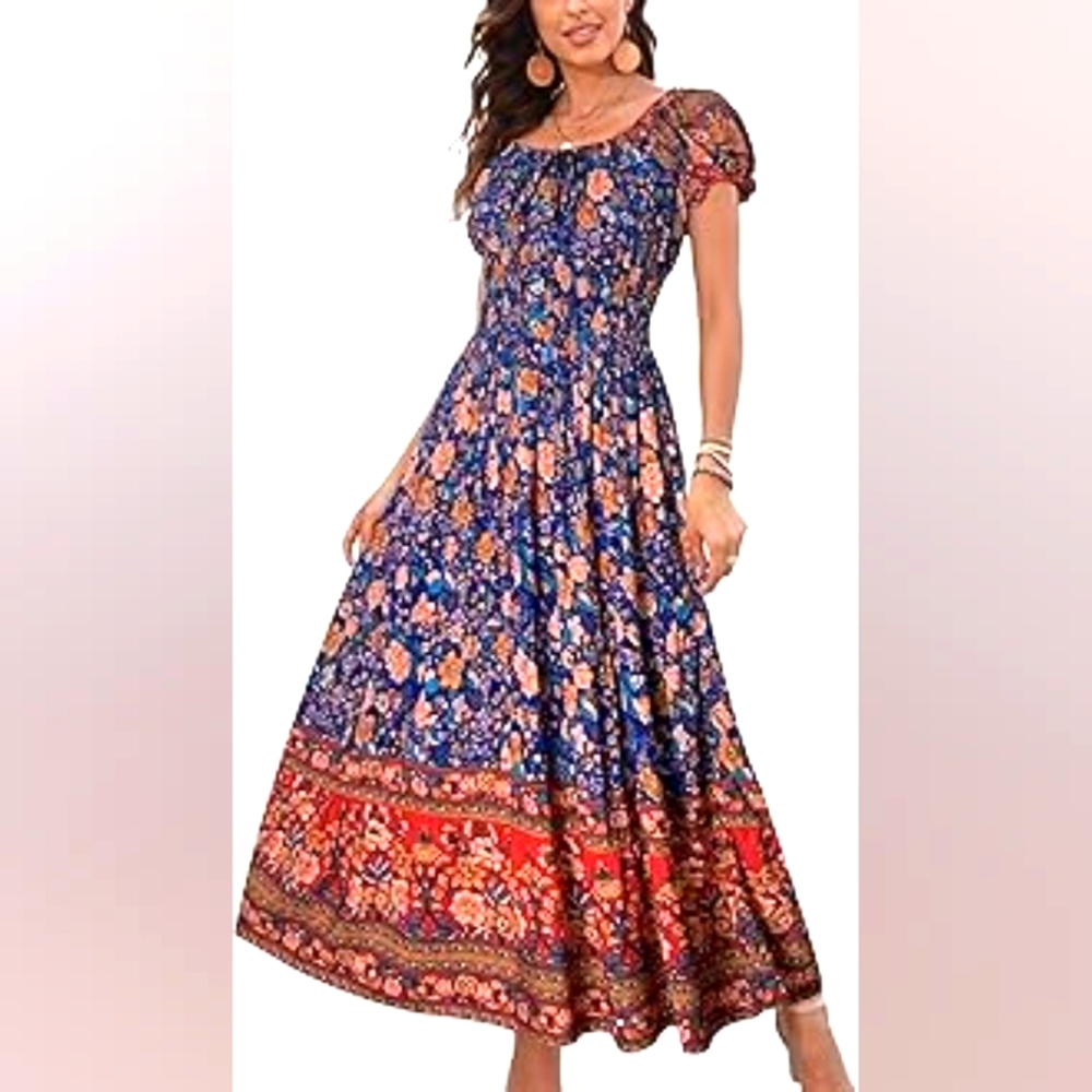 Ostoo Floral Blue and Red Maxi Dress Size S/M